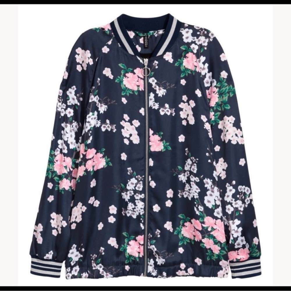 H&M Blue and Pink Floral Bomber Jacket